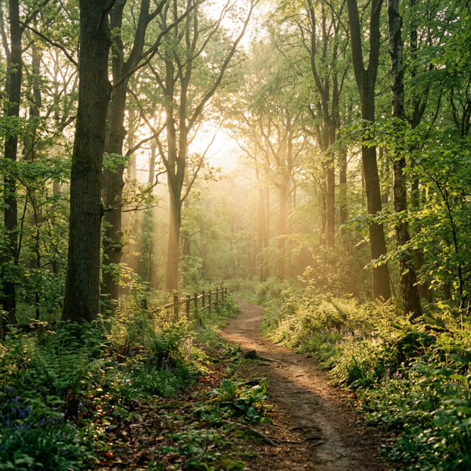 Forest path with sunlight filtering through tall trees and lush green foliage